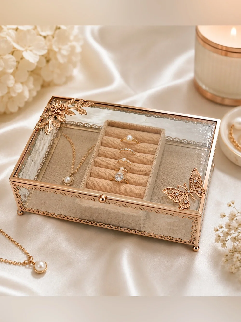 Rose Gold Glass Jewelry Box Butterfly Floral Design Ring Organizer Display Case